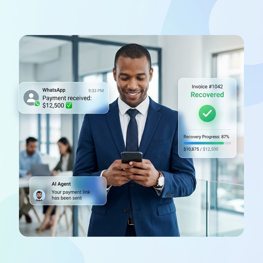 Business professional receiving AI-powered payment recovery notifications via WhatsApp
